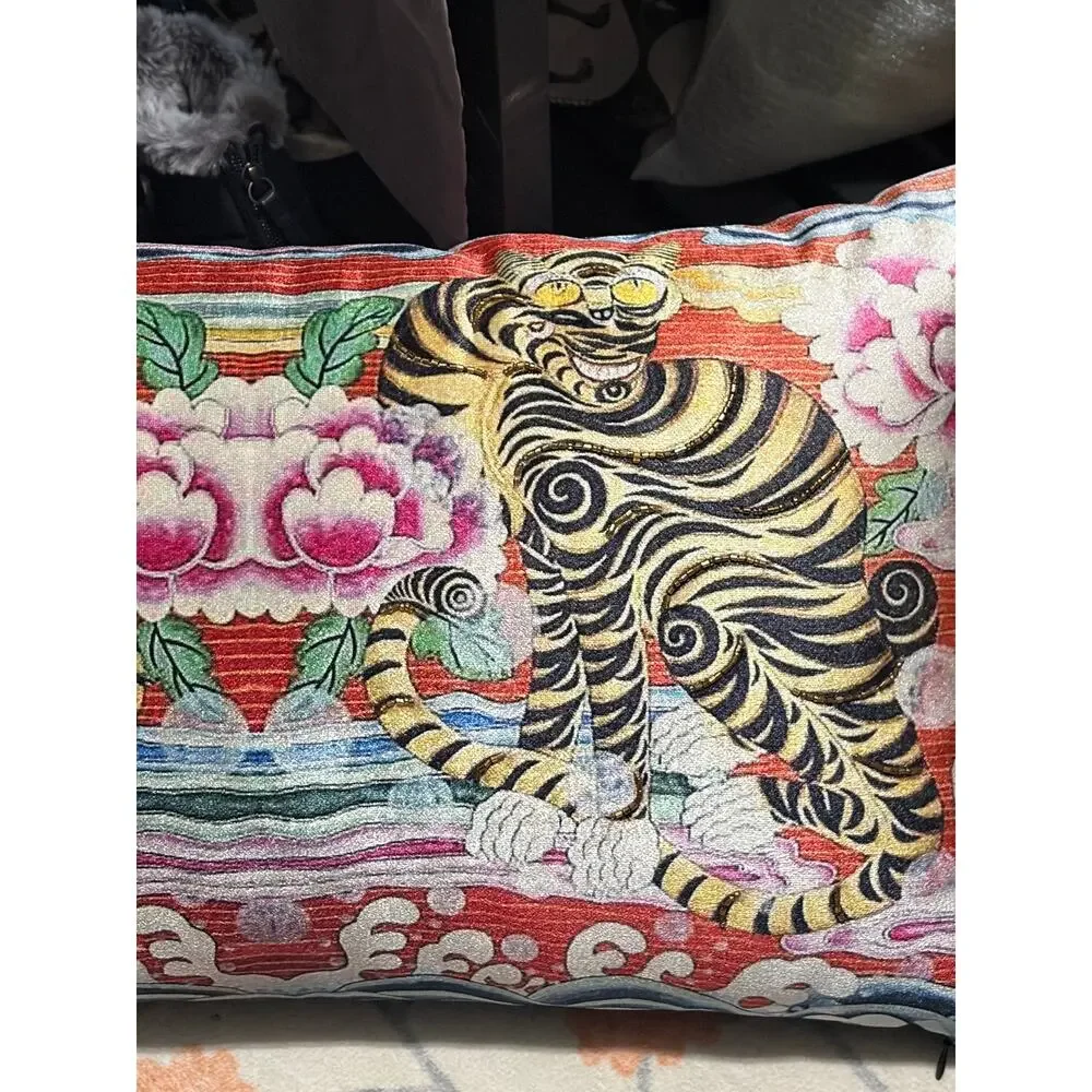 Tiger Chinoiserie Lumbar Pillow 24x12 Velvet Tassel Asian Floral Decorative NWOT